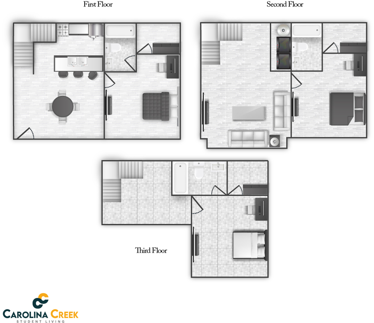 A 3D image of the 3BR/3BA floorplan, a 1419 squarefoot, 3 bed / 3 bath unit