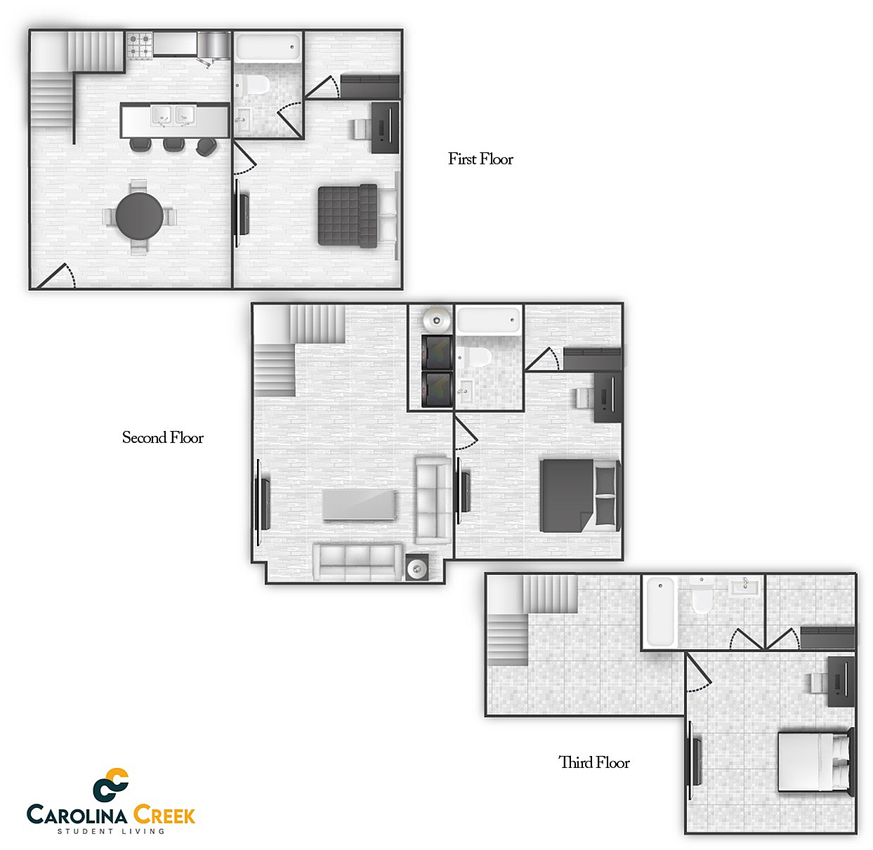 A 3D image of the 3BR/3BA – LUX floorplan, a 1419 squarefoot, 3 bed / 3 bath unit