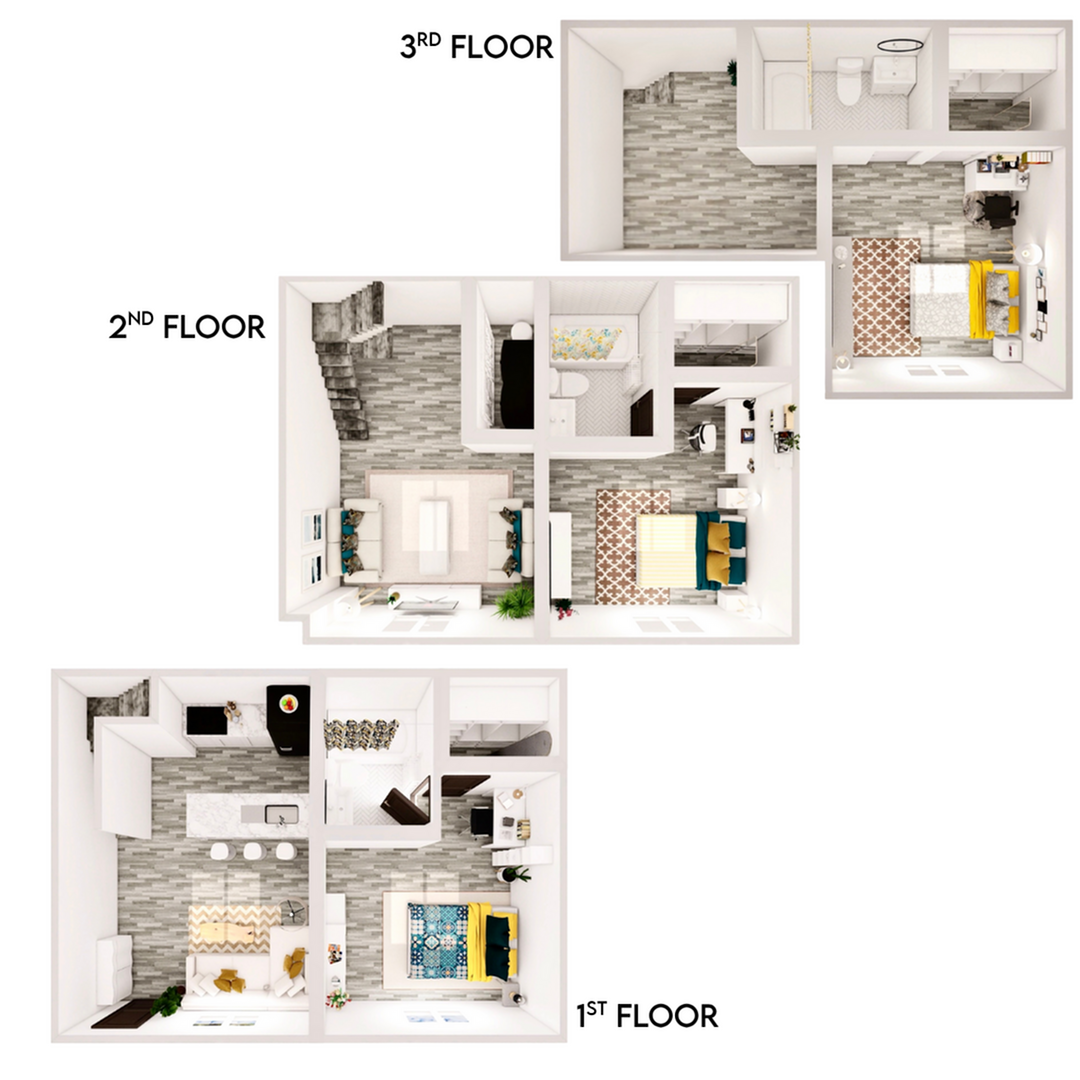 A 3D image of the 3BR/3BA – PREMIUM floorplan, a 1419 squarefoot, 3 bed / 3 bath unit
